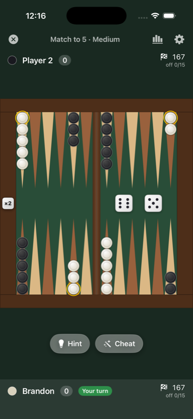 A backgammon match in progress, showing the board, dice and doubling cube.