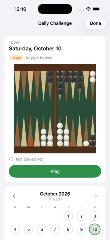 The daily challenge screen showing today's position and a monthly calendar.