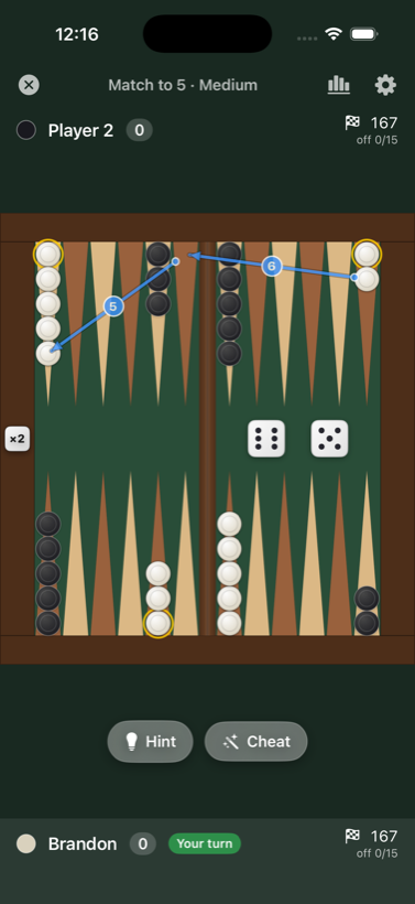 The board with blue arrows showing the engine's suggested move for each die.