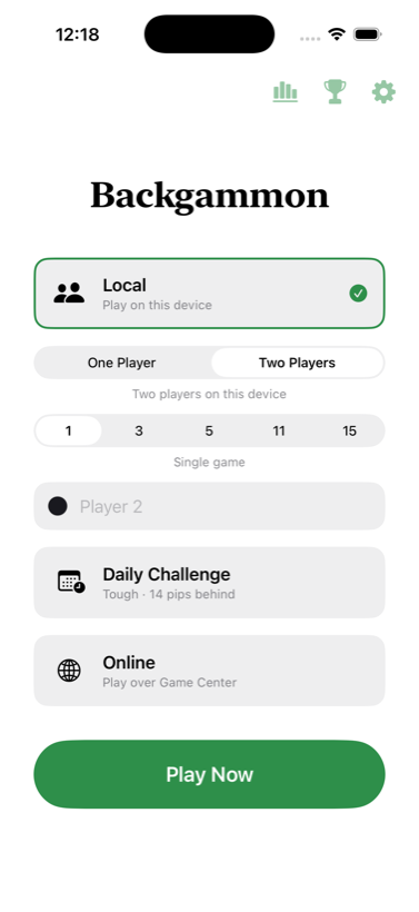 The Backgammon home screen, with local, daily challenge and online options.