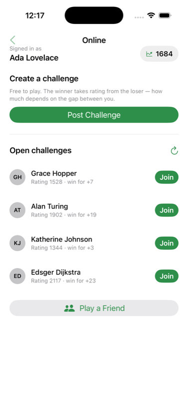 The online lobby, listing open challenges from other players with their ratings.