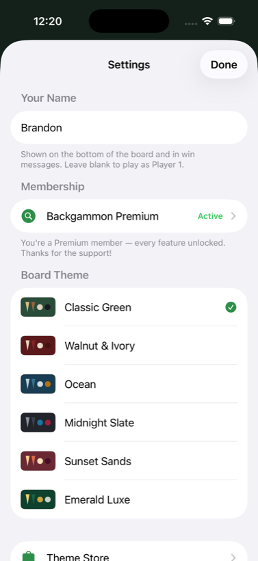 The board theme picker in Settings